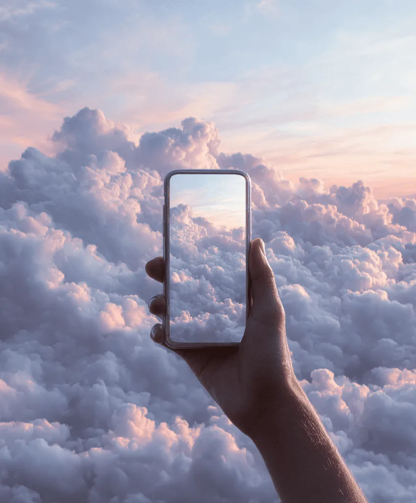 Main tenant un téléphone dans les nuages